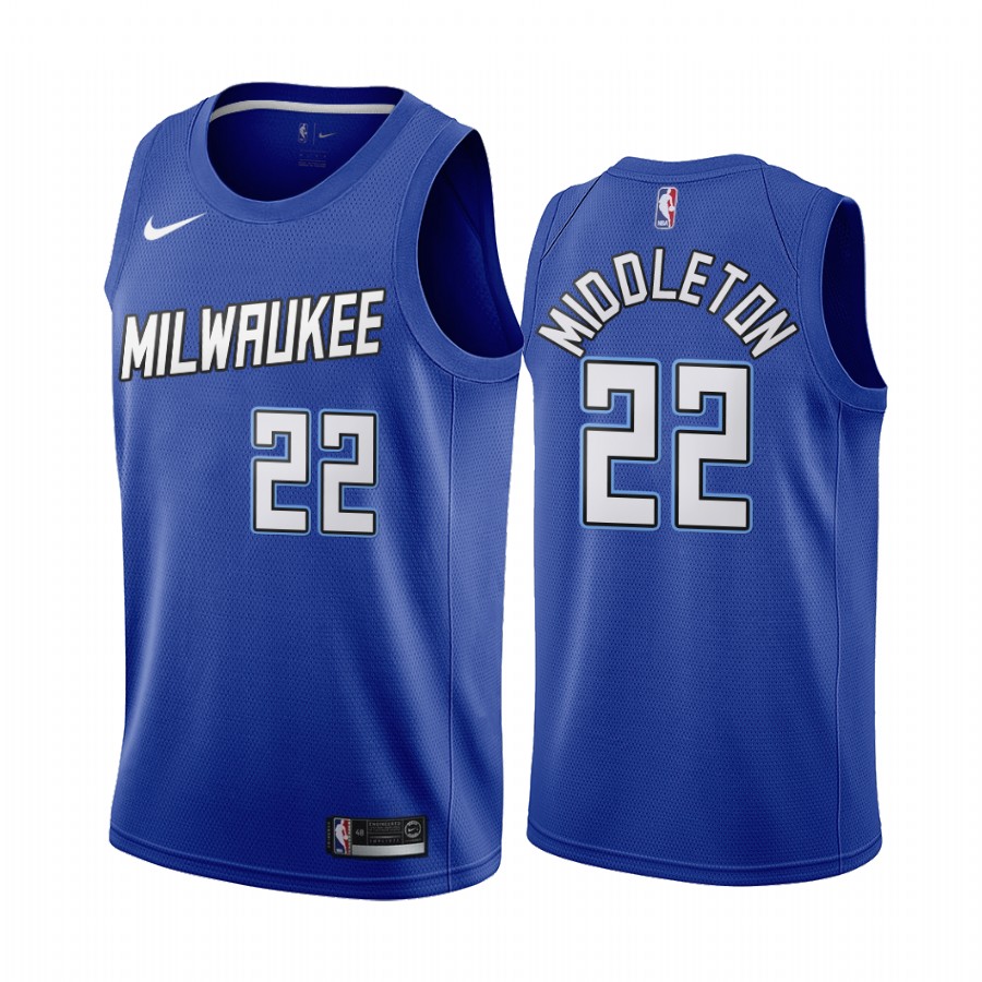 Men's Milwaukee Bucks #22 Khris Middleton Navy NBA City Edition New Uniform 2020-21 Stitched Jersey Men's Milwaukee Bucks #22 Khris Middleton Navy NBA City Edition New Uniform 2020-21 Stitched Jersey